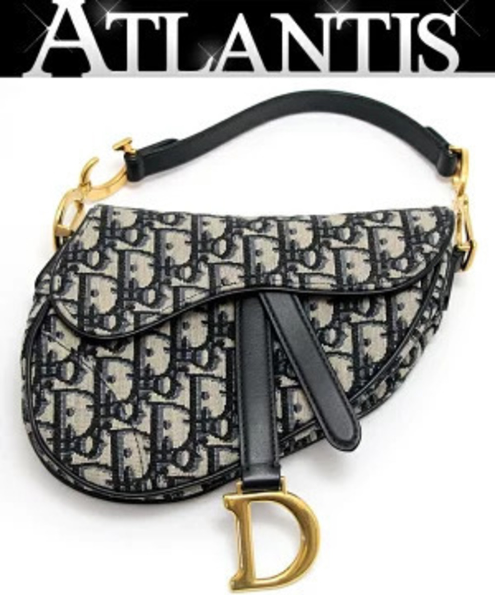 Christian Dior Saddle Bag Handbag Oblique Canvas Navy Blue